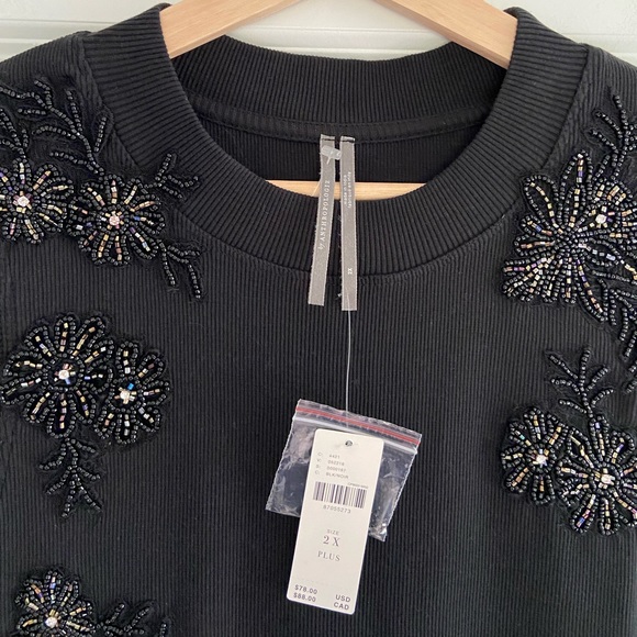 Anthropologie Black Beaded Applique Tank Top Sleeveless Ribbed Cotton Knit Sz 2X - Picture 6 of 16